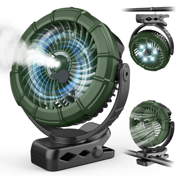 JINLICTE Portable Misting Clip on Fan with 5200mAh Battery, 3 Speeds & LED Light - 360° Rotation Mist Cooling Fan for Stroller, Camping, Outdoor Use - Rechargeable, Adjustable Hook Design