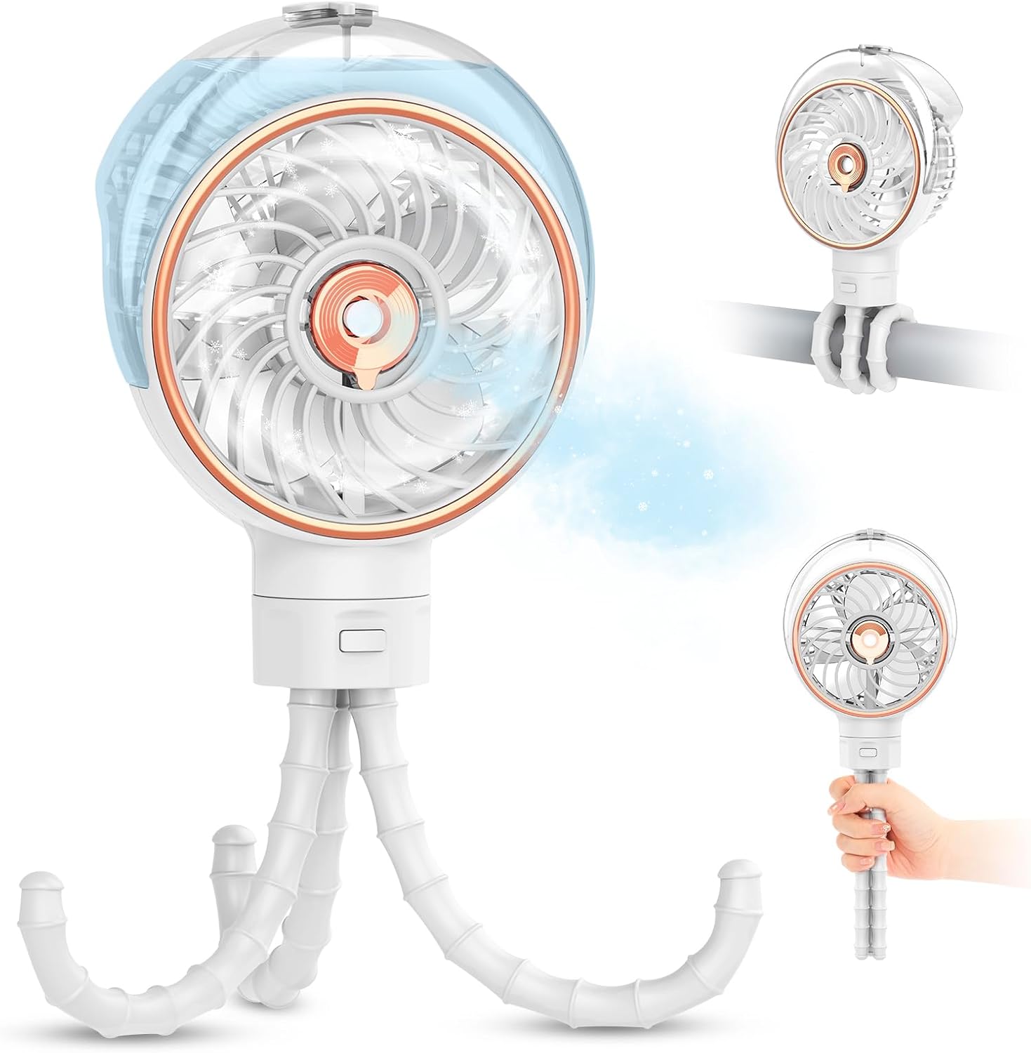 JINLICTE Stroller Fan with Mist, 100ml Misting Portable Fan for Stroller, Baby Fans with Detachable Tripod, Baby Essentials, Clip on Fans for Crib, Treadmill, Car Seat, Outdoor White