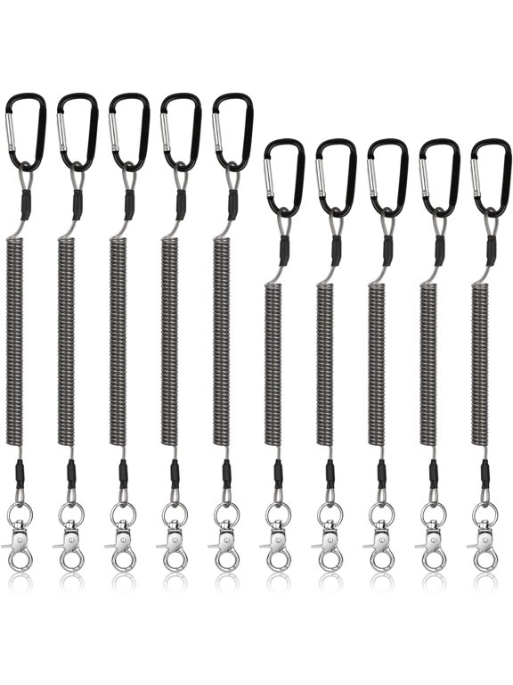 10-Pack Retractable Fishing Lanyard with Carabiner Keychain, 2 Sizes Coiled Leash Tether for Pliers & Kayak