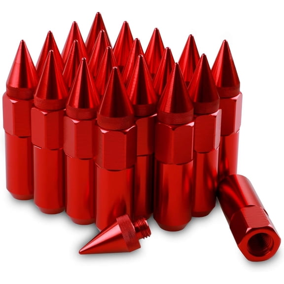 JINLONG 20-Pack M12 x 1.5 Spiked Tuner Lug Nuts, 60mm Extended Aluminum, Red