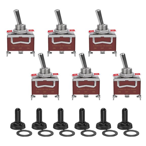 JINLONG 6-Pack Toggle Switch, 3-Pin 12V DC 30A / 250V AC 15A, Heavy Duty SPDT ON-Off-ON, Waterproof with Boot Cap Cover, for Cars, Trucks, Racing & Boats