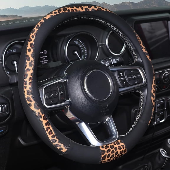 JINLONG Leopard Print Steering Wheel Cover, Breathable Microfiber Leather, 14.5-15 Inch Universal Fit for Most Automotive Steering Wheels, Black