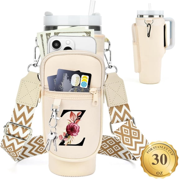JINLONG Personalized Stanley Cup Accessories 30 oz, Initial Cup Holder with Strap & Phone Pocket, Carrier Bag Gift for Women, Girls, Travel & Walking