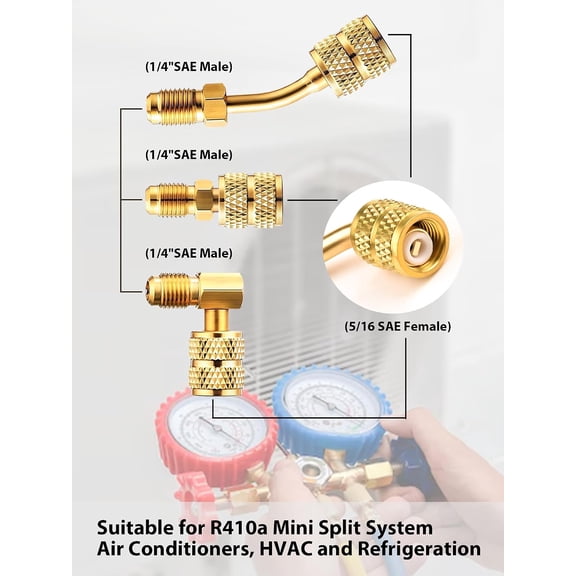 JINLONG R410A Adapters Kit, Refrigerant Hose Adapter Brass Converter, 5/16" to 1/4" Mini Split Line Adapter, with 5V1 Valve Cores & Gaskets