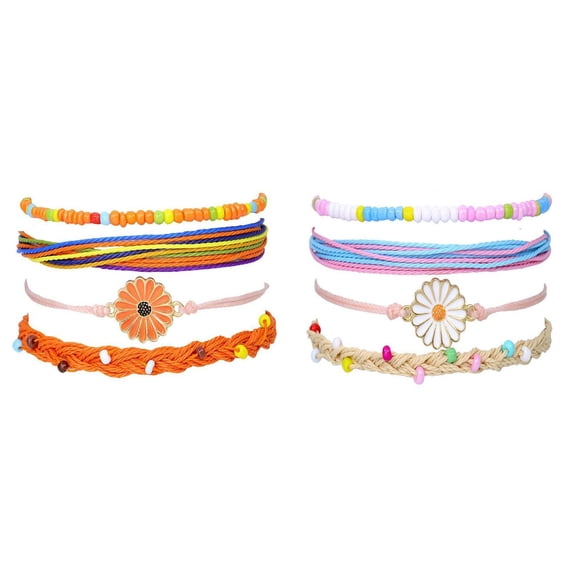 JINLUO 1-2-3-4Sets Braided Friendship Bracelets Adjustable Rope String Bohemian Handmade Stackable Multicolor Wrap Charm Bracelets for Women Girls Summer Beach Woven Boho Flowers Ankle Bracelets Sets