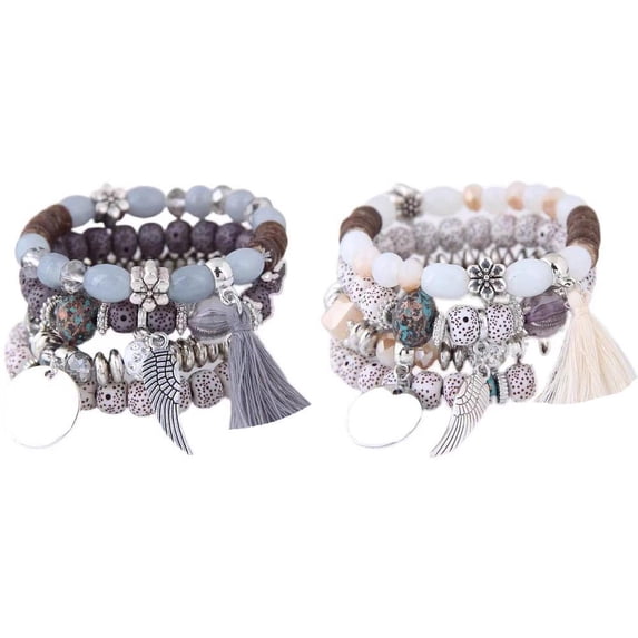JINLUO 2Set Boho Bohemian Bracelets Multilayer Stackable Beaded Stretch for Women Wing Tassel Love Charm Crystal Dangle Natural Stone Engagement Holiday Beach Jewelry Gifts
