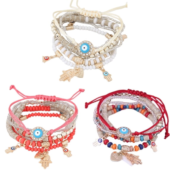 JINLUO JL 1/3/6Set Bohemian Stretch Beads Bracelets for Women Multilayer Evil Eye Hamsa Hand Bracelet Bohemian Bracelet Handmade Stackable Charm Bracelets Lucky Protection Beaded Hamsa Bracelet Set