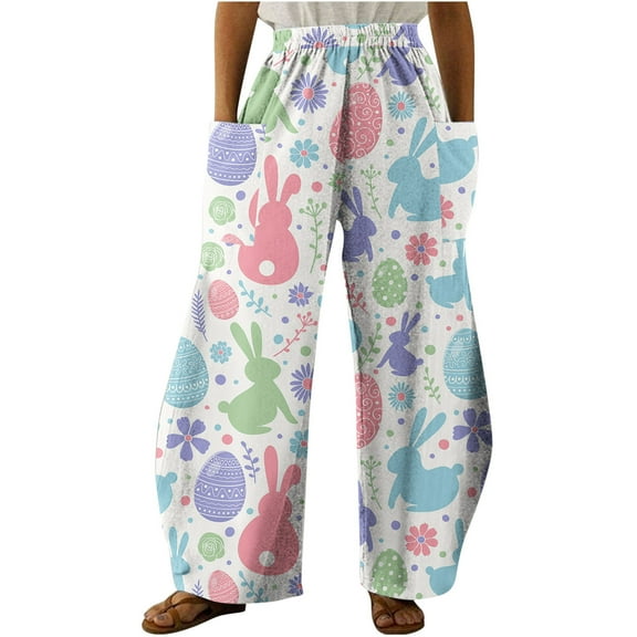 JINMGG 2026 Pants for Women ,Easter Women Casual Printing Pockets Elastic Mid-Waist Comfortable Wide-Legged Loose Pants