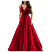 JINMGG 2026 Plus Size Womens Fashion Solid Color V-Neck Suspender Sleeveless Evening Dress Red L