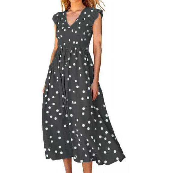 JINMGG 2026 Summer Dresses under $10.00 Fashion Women Casual Dot Printing V-Neck Sleeveless Tie-in Waist Long Dress