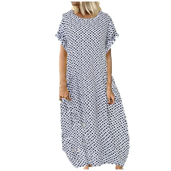 JINMGG 2026 Summer Dresses under $10.00 Women Plus Size Pockets O-Neck Polka Dot Printing Short Sleeve Casual Long Dress
