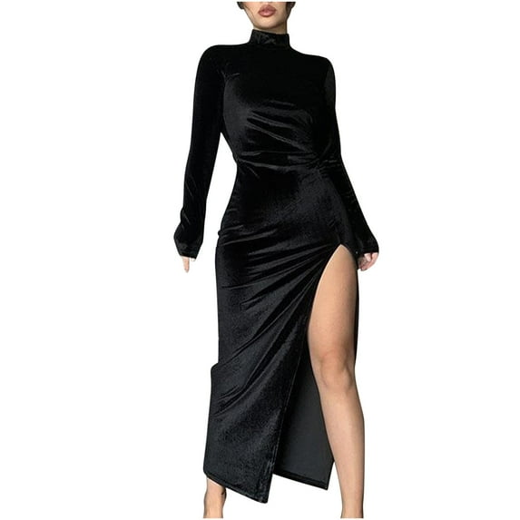 JINMGG 2026 Summer Dresses under $10.00 Women's 2022 Autumn and Winter High Neck Long Velvet Dress Slim Pleated Split Dress