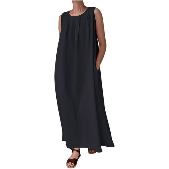 JINMGG 2026 Summer Plus size Dresses for Women under $10,Women's Plus Size Summer Fashion Solid Round-Neck Sleeveless Pullover Dress