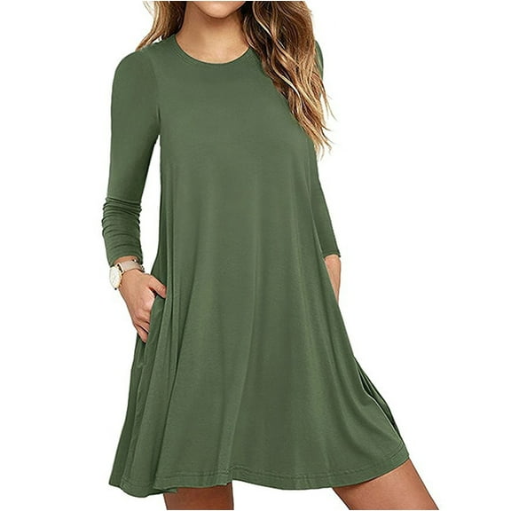 JINMGG 2026 Summer Womens Tops Womens Plus Size $5 Ladies Fashion Casual Long Sleeve Pure Color Loose T-Shirt Dress with Pockets