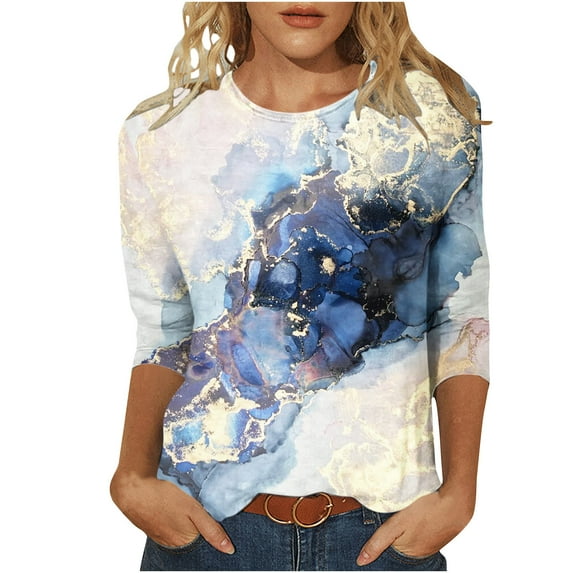 JINMGG 2026 Summer Womens Tops Womens Plus Size $5 Women's Fashion Printed T-Shirt 3/4 Sleeves Blouse Round Neck Casual Tops