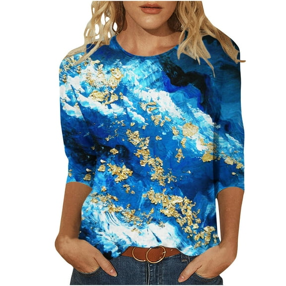 JINMGG 2026 Summer Womens Tops Womens Plus Size $5 Women's Fashion Printed T-Shirt 3/4 Sleeves Blouse Round Neck Casual Tops