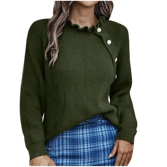 JINMGG 2024 Fall Winter Plus Size Sweaters for Women Clearance,Women's Casual Sleeve Button Wave Neck Knitting Solid Color Pullover Top Crew Neck Sweater