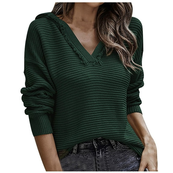 JINMGG 2024 Fall Winter Plus Size Sweaters for Women Clearance,Women's Fashion Long Sleeves V-Neck Loose Tops Blouse Solid Color Hooded Knitted Sweater