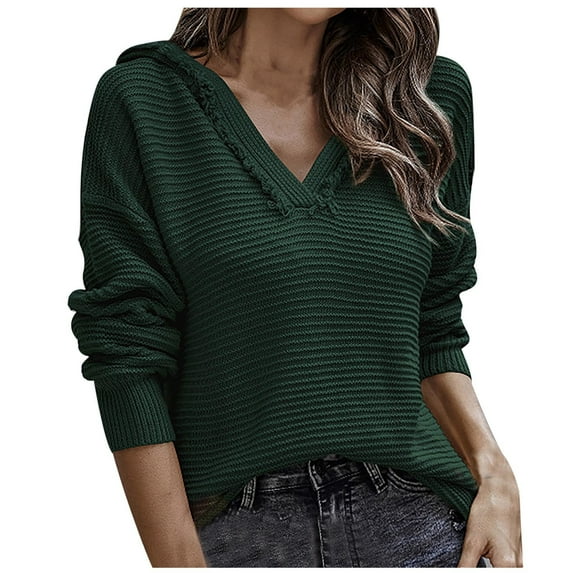 JINMGG 2024 Fall Winter Plus Size Sweaters for Women Clearance,Women's Fashion Long Sleeves V-Neck Loose Tops Blouse Solid Color Hooded Knitted Sweater
