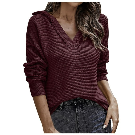 JINMGG 2024 Fall Winter Plus Size Sweaters for Women Clearance,Women's Fashion Long Sleeves V-Neck Loose Tops Blouse Solid Color Hooded Knitted Sweater