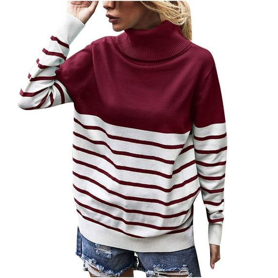 JINMGG 2024 Fall Winter Plus Size Sweaters for Women Clearance,Women's Long Sleeve Top, High Neck, Striped, Color Blocking Sweater, Round Neck Sweater