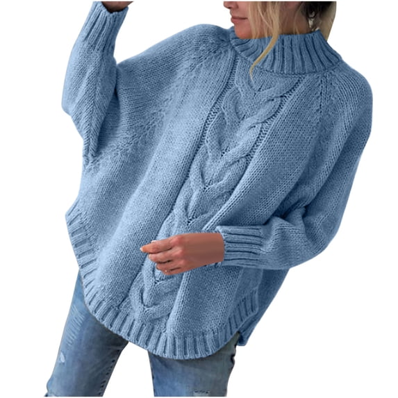 JINMGG 2024 Fall Winter Plus Size Sweaters for Women Clearance,Women's and Winter New Loose Doll Sleeve Knit Sweater Solid Color Half Turtleneck Sweater