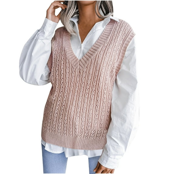 JINMGG 2024 Fall Winter Plus Size Sweaters for Women Clearance,Fashion Women Casual V-Neck Hollow Diamond Knitted Vest Sweater Vest