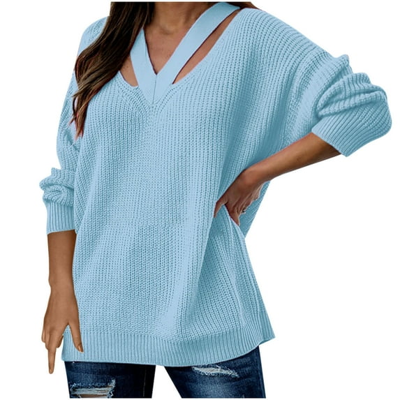 JINMGG 2024 Fall Winter Plus Size Sweaters for Women Clearance,Fashion Women Solid Color Long Sleeve Pullove V-Neck Casual Sweater Tops