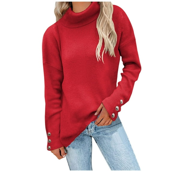 JINMGG 2024 Fall Winter Plus Size Sweaters for Women Clearance,Fashion Women Solid Long Sleeve Pullove Turtleneck-Neck Casual Sweater Tops