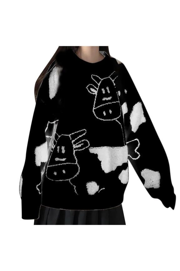 JINMGG 2024 Fall Winter Plus Size Sweaters for Women Clearance,Fashion Women's Cows Pattern Long Sleeve Round-Neck Sweaters Ladies Top