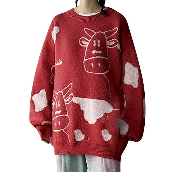 JINMGG 2024 Fall Winter Plus Size Sweaters for Women Clearance,Fashion Women's Cows Pattern Long Sleeve Round-Neck Sweaters Ladies Top