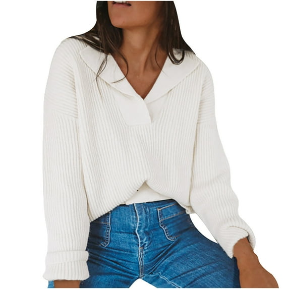 JINMGG 2024 Fall Winter Plus Size Sweaters for Women Clearance,Ladies Fashion Casual Solid Color Lapel V-neck Pullover Long Sleeve Knitted Sweater