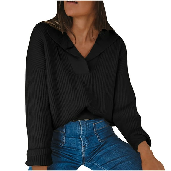 JINMGG 2024 Fall Winter Plus Size Sweaters for Women Clearance,Ladies Fashion Casual Solid Color Lapel V-neck Pullover Long Sleeve Knitted Sweater