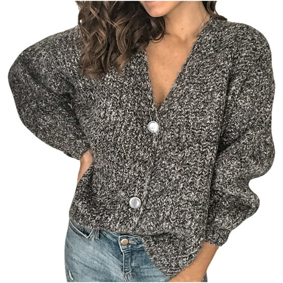 JINMGG 2024 Fall Winter Plus Size Sweaters for Women Clearance, Winter Women's Knitted V-neck Solid Color Button Striped Sweater Top