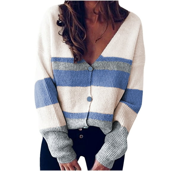 JINMGG 2024 Fall Winter Plus Size Sweaters for Women Clearance, Winter Women's Knitted V-neck Stitching Button Striped Sweater Top