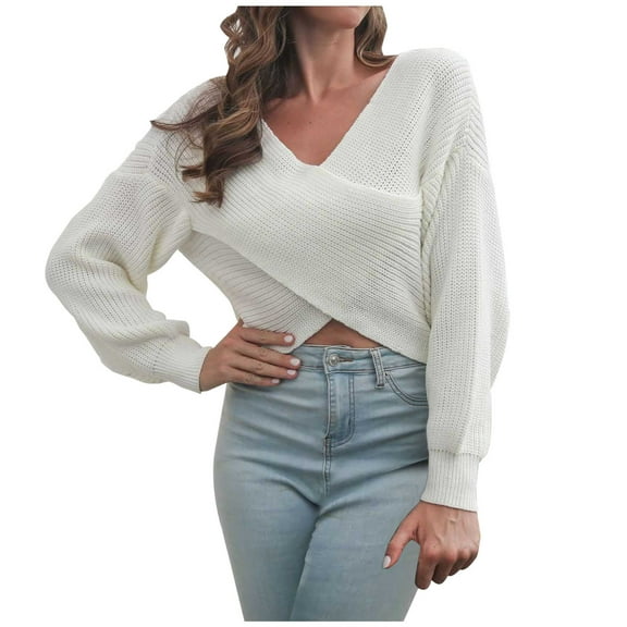JINMGG 2026 Fall Winter Plus Size Sweaters for Women ,Women Cropped Top Casual V-Neck Loose Solid Long Sleeve Navel Tops Women Blouse