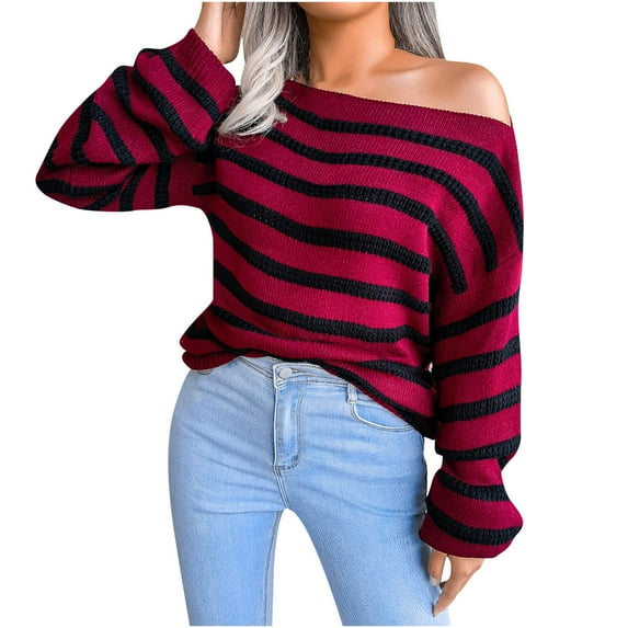 JINMGG 2024 Fall Winter Plus Size Sweaters for Women Clearance,Women Fashion Casual Stripes Casual Loose Long Sleeve Sweater Short