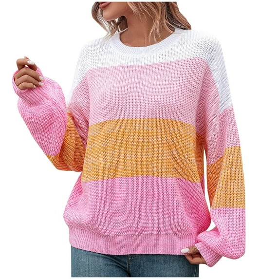 JINMGG 2024 Fall Winter Plus Size Sweaters for Women Clearance,Women's Fashion Casual Solid Color Long Sleeve Round-Neck Sweater