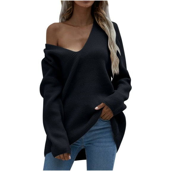 JINMGG 2024 Fall Winter Plus Size Sweaters for Women Clearance,Women's Fashion Long Sleeves V Neck Loose Pullover Tops Blouse Knitted Sweater