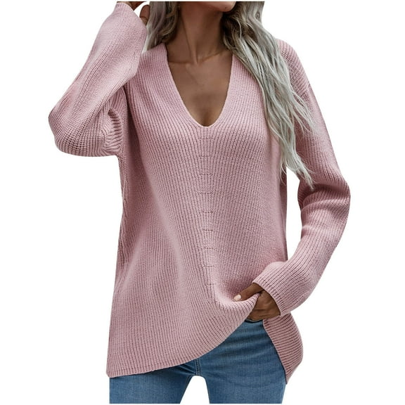 JINMGG 2024 Fall Winter Plus Size Sweaters for Women Clearance,Women's Fashion Long Sleeves V Neck Loose Pullover Tops Blouse Knitted Sweater