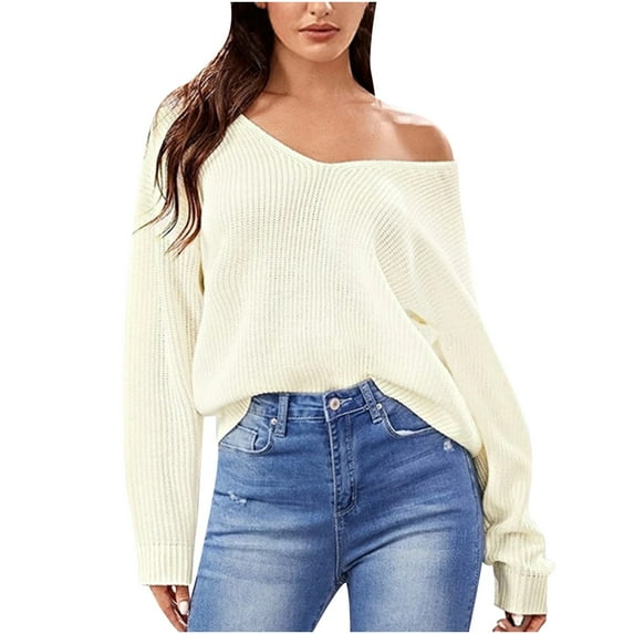 JINMGG 2024 Fall Winter Plus Size Sweaters for Women Clearance,Women's Fashion Loose Elastic Solid Color Sexy Strap V-neck Sweater Tops
