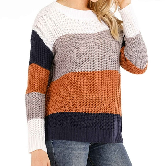 JINMGG 2024 Fall Winter Plus Size Sweaters for Women Clearance,Women's Fashion Sleeves Round Neck Color Matching Loose Tops Blouse Knitted Sweater