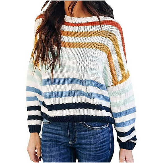 JINMGG 2024 Fall Winter Plus Size Sweaters for Women Clearance,Women's Fashion Striped Colorblock Cropped Short Knit Sweater