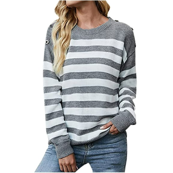 JINMGG 2024 Fall Winter Plus Size Sweaters for Women Clearance,Women's Knitted Contrast Striped Pullover Fashion Casual Long Sleeve Sweater Top