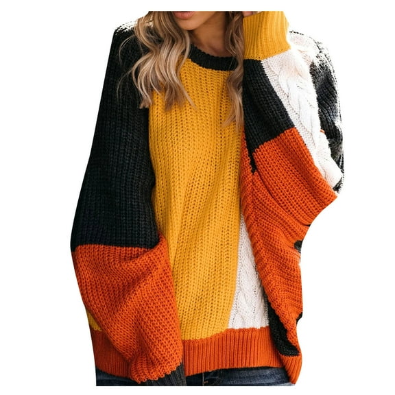 JINMGG 2024 Fall Winter Plus Size Sweaters for Women Clearance,Women's Plus Size Sweater Color Block Striped Pullover Kint Sweater
