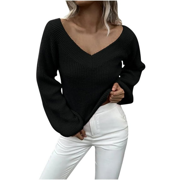 JINMGG 2024 Fall Winter Plus Size Sweaters for Women Clearance,Women's Solid Sweater V-neck Loose Top Long Sleeved Sweater V-neck Sweater