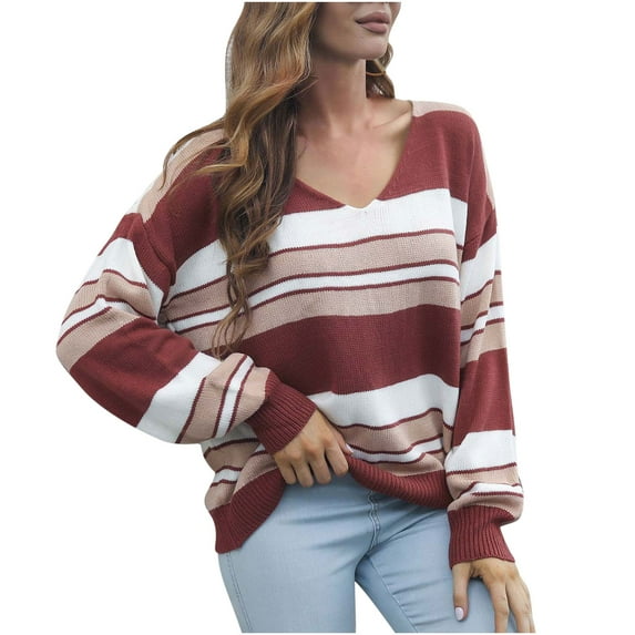 JINMGG 2024 Fall Winter Plus Size Sweaters for Women Clearance,Women's and Winter V-Neck Striped Gradient Long Sleeve Sweater