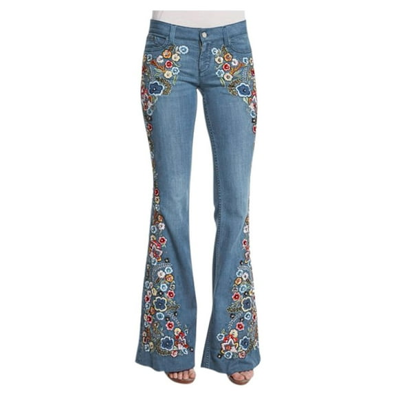 JINMGG 2024 Pants for Women Clearance,Women Embroidery Destoryed Flare Jeans Button Waist Bell Bottom Denim Pants