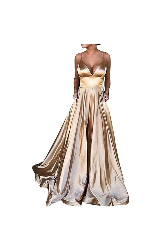 JINMGG 2026 Plus Size Women's Fashion Solid Color V-Neck Suspender Sleeveless Evening Dress Gold L
