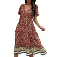 thumbnail image 1 of JINMGG 2026 Summer Dresses under $10.00 Fashion Women's V-neck Casual Printed Belt Long-style Short Sleeve Loose Dress, 1 of 9